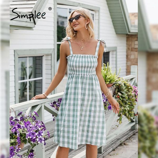 

casual dresses simplee chic plaid a-line midi women dress summer idyllic bow lace up smocking high waist elegant spaghetti, Black;gray