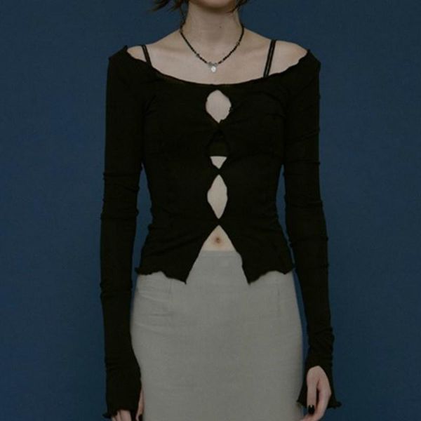 

women's t-shirt solid hollow out long sleeve o-neck woman 2021 casual autumn spring, White