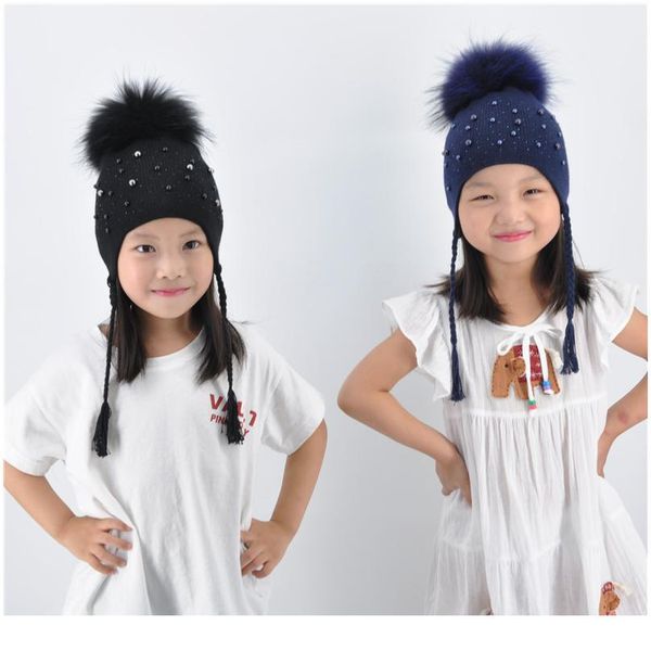 

kids fur pom pom hat winter warm real big fur ball braid hat children elasticity knit beanie hats gi jllitm