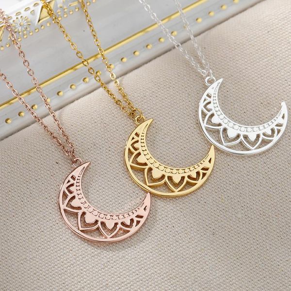 

chains vintage lotus flower moon shaped necklaces for women chain stainless steel crescent necklace femme jewelry friends gift, Silver