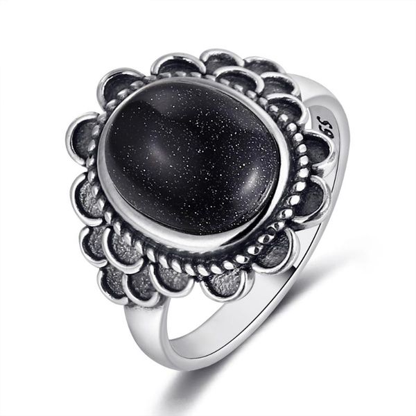 

cluster rings 925 sterling silver gemstone ring ehtnic flower blue sandstone for women jewelry party wedding birthday gift, Golden;silver