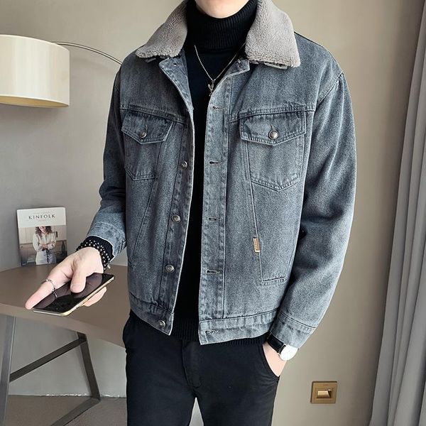 

men's jackets 2021 winter thicken keep warm jean lapel lambswool casual coat fashion streetwear social party men clothing, Black;brown