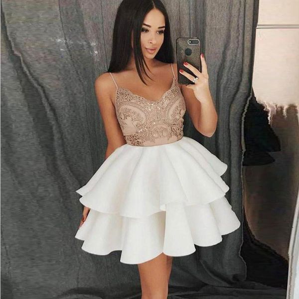 

party dresses fashion cocktail spaghetti strap sleeveless lace satin ruffles ball gown women short dress homecoming gowns, White;black