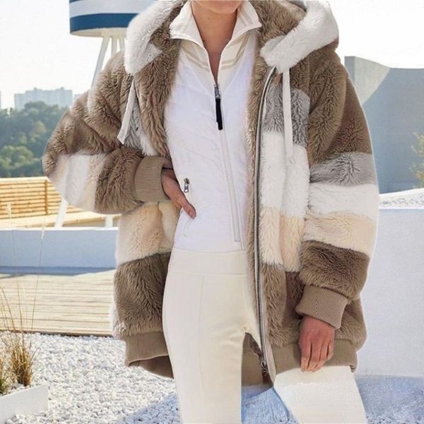 

women's jackets 2021 winter ladies hooded plush jacket women thick warm loose coat outwear fake fur clothes large size, Black;brown