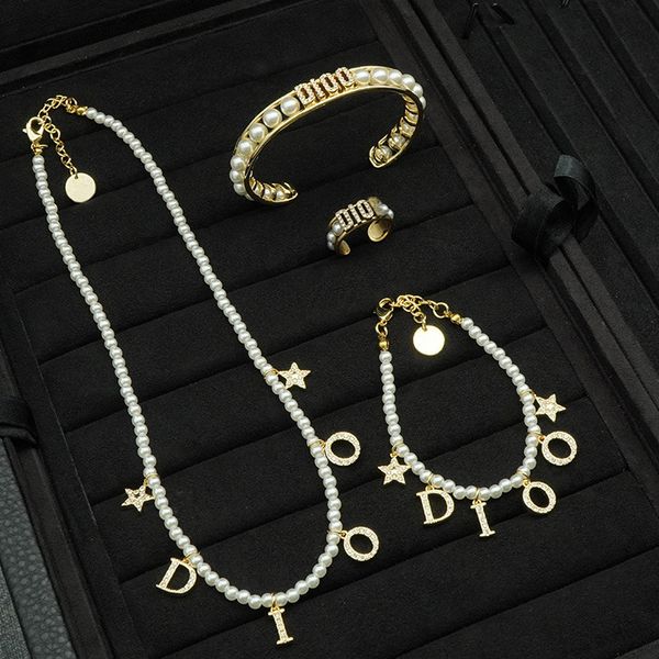 

dijia star letter tassel pearl necklace bracelet d family ring set, Golden;silver
