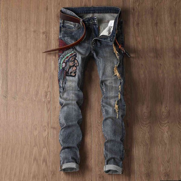 

embroidery yiruisen and brand patchwork indian men's slim casual long pants denim jeans for man clothing 29-38 size #1701, Blue