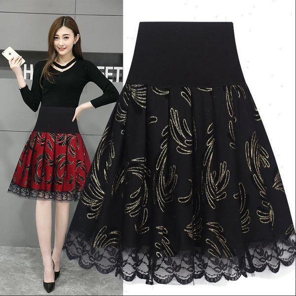 

2021 summer high waist pleated skirts women vintage black printing stitching lace midi skirt large size faldas largas mujer f157