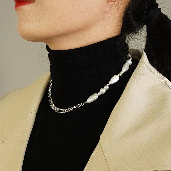 

chains barque irregular pearl bead chain splicing choker necklace for women girl silver color geometric short link pendant necklaces