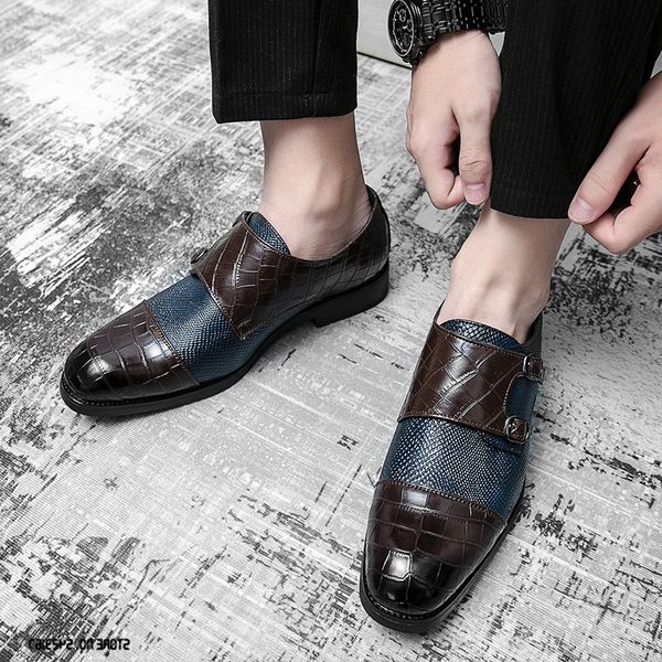 Homens Crocodilo Retalhamento de Grão Oxfords Casuais Mocassins Vestido de Noiva Formal Monk Strap Shoes Party Driving Flats Zapatos Hombre