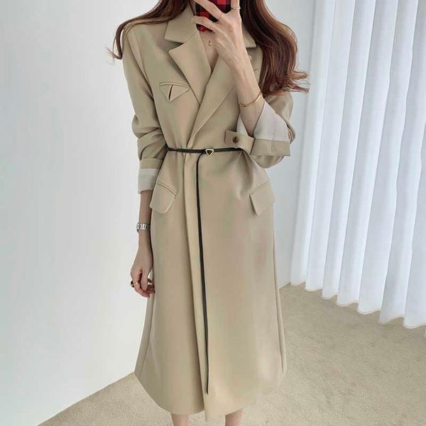 

women's trench coats [ewq] korea chic autumn casual trend women lapel cardigan with loose waist fashion long-sleeved windbreaker 2021 1, Tan;black