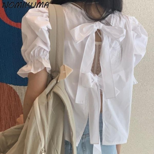 

women's blouses & shirts nomikuma sweet bow tie backless blouse women korean chic puff sleeve blusas mujer de moda 2021 verano elegante, White
