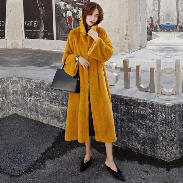 

women's fur & faux n home imported mink coat female wool the whole long in collar velvet furs, Black