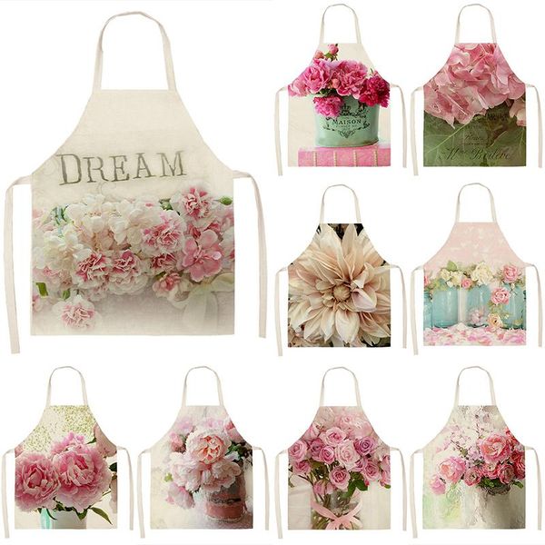 

aprons pink rose flower pattern kitchen sleeveless cotton linen bibs 53*65cm household women cleaning cooking apron 46424