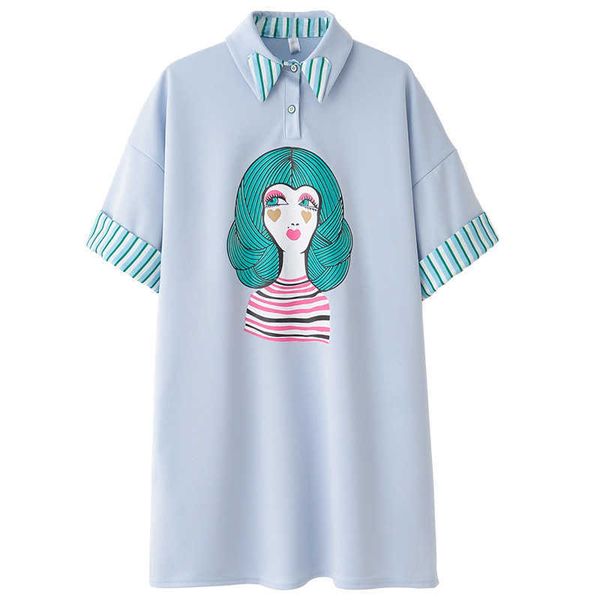 

perhaps u blue patchwork loose half sleeve turn down collar women print girl loose short mini dress summer casual d0514 210529, Black;gray