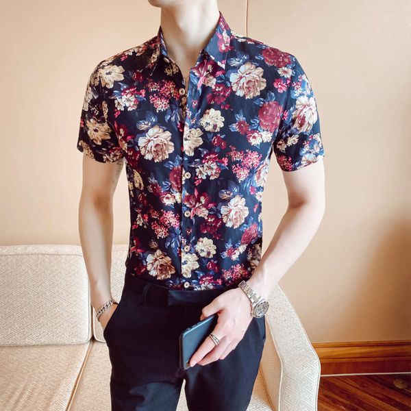 

summer short slim korean floral casual printing half sleeve inch shirt trendy men's wear, White;black