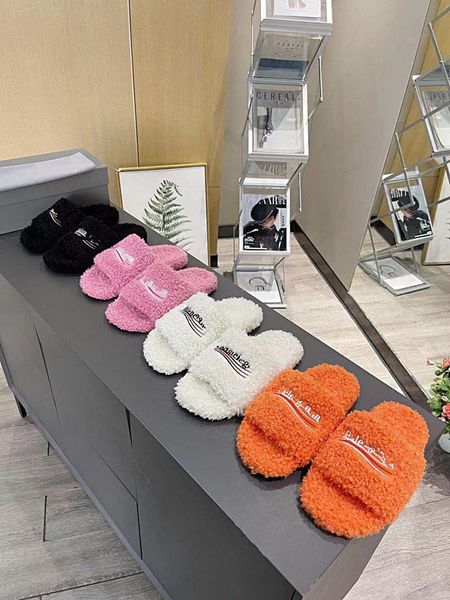 

family b's summer and early autumn one word embroidered woolen slippers with letters women's french fashion versatile flat bottom, Black