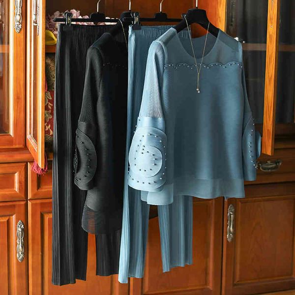 

women's tracksuits tianpei pleated two piece set women layered beaded high waist wide leg harem straight pants suit aesthetic, Gray