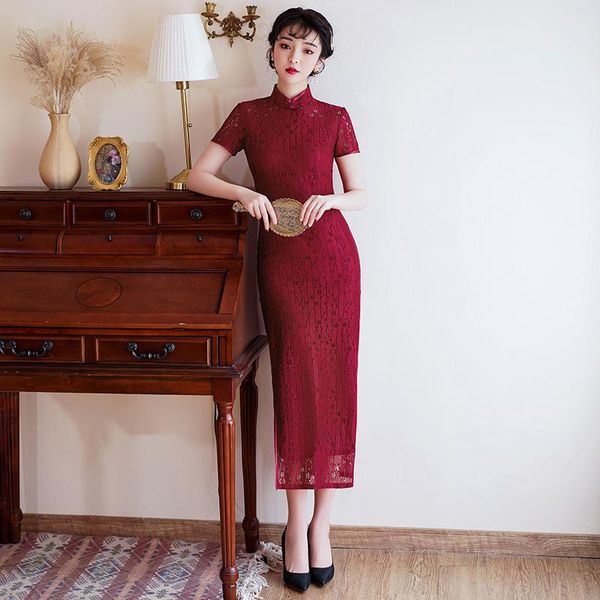 

ethnic clothing red lace cheongsam classic vintage button chinese traditional dress slim embroidery qipao evenning party vestidos gown