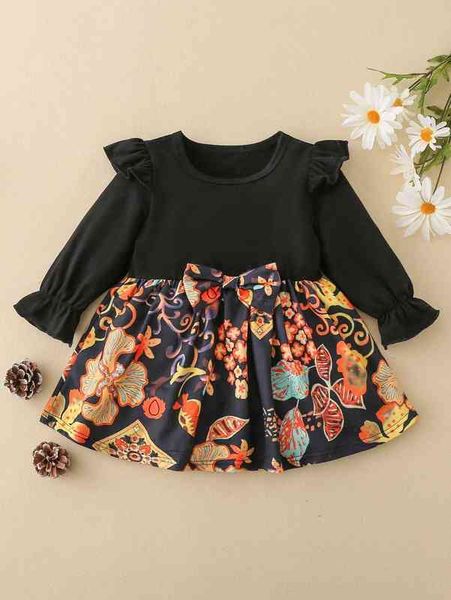 

baby floral print ruffle trim flounce sleeve bow front dress she, Red;yellow