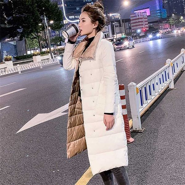 

ftlzz women double sided down long jacket winter 90% white duck coat breasted warm parkas snow outwear 211013, Black