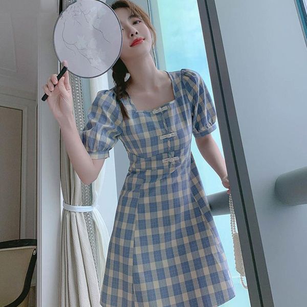 

sleeve short puff dress women plaid buckles chic slender knee-length sweet high waist korean style womens vestido stylish casual c0304, Black;gray