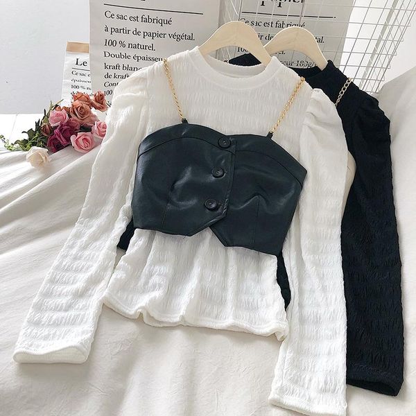 

women's blouses & shirts guuzyuviz two piece set casual o-neck long sleeve lace crop and sling leather vest elegant women, White