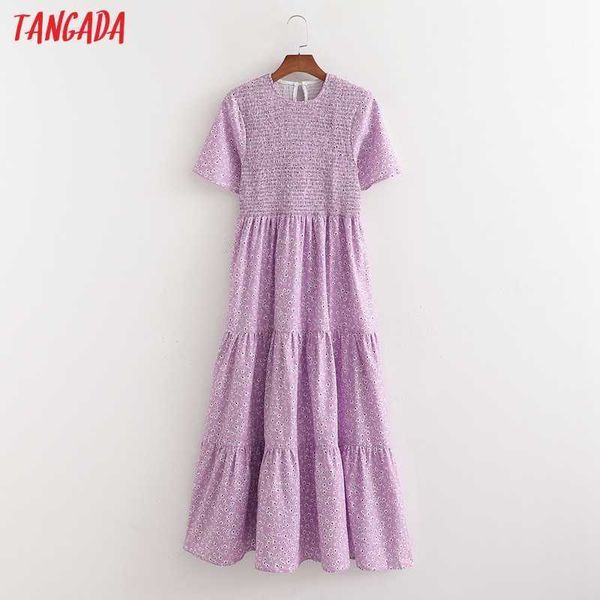 

tangada summer women purple flowers print french style long dress puff short sleeve ladies sundress 1d245 210609, Black;gray