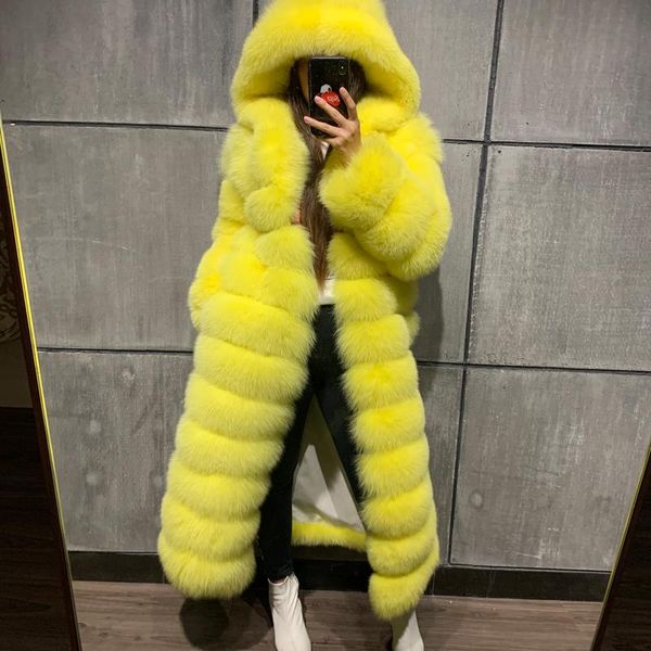 

women's fur & faux long coat hooded ladies natural women real, Black