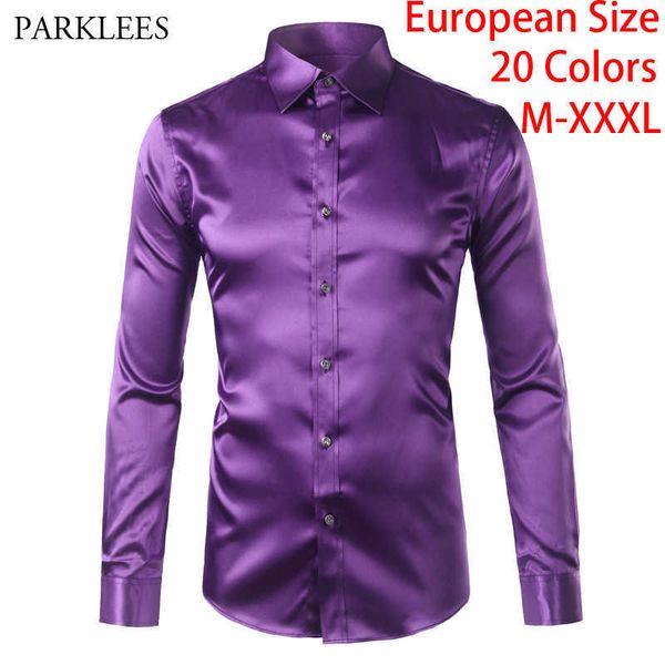 

luxury shirt men silk satin smooth mens dress shirts casual button down suit shirts party ball wedding camisa masculina -xxxl 210628, White;black