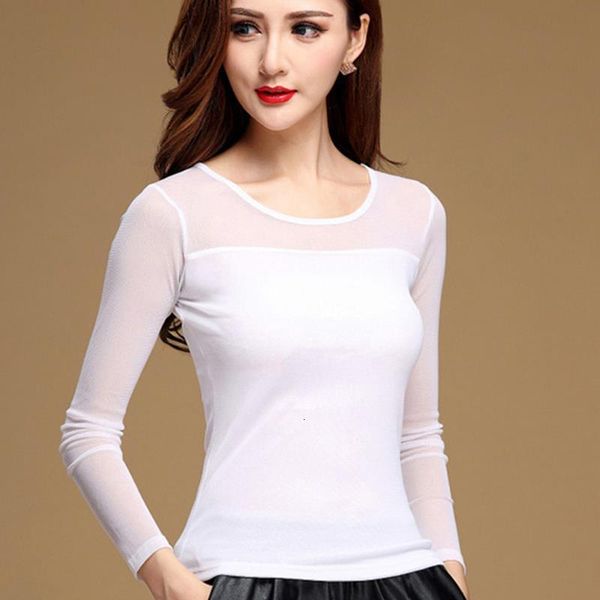 

women mesh spring autumn fashion casual stretch long sleeve blouse shirt elegant for blusas new arrivals, White
