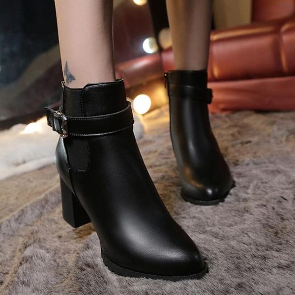 

boots 2021 style women high heels female winter shoes ankle leather buckle fashion round toe eur35-42, Black