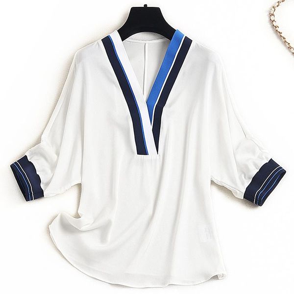

women's blouses & shirts women color block v-neck real silk spring summer 2021 designer loose style fashion batwing sleeve white blue