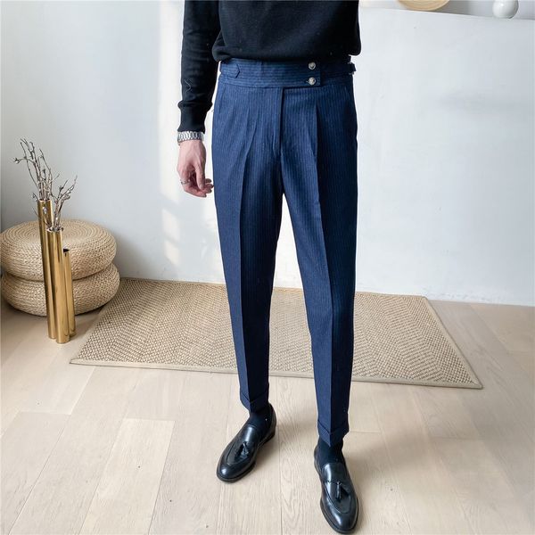 

2021 new men's style high waist striped for black autumn winter pants slim fit formal office trousers men 2xbm