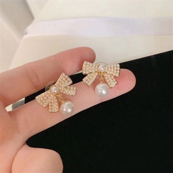 

pearls earring designer luxury ladies gilded diamonds 925 silver needle bowknot earring with gift box, White