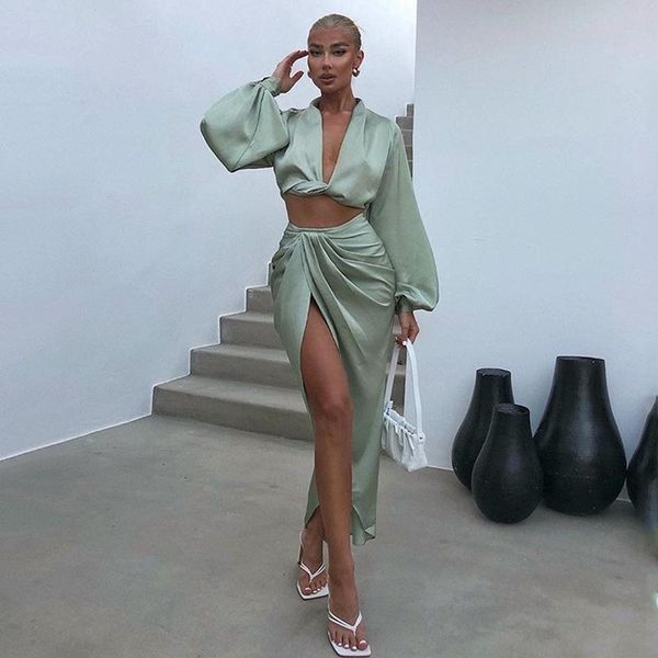 

women's tracksuits satin long-sleeved blouse split long skirt two-piece suit women, Gray