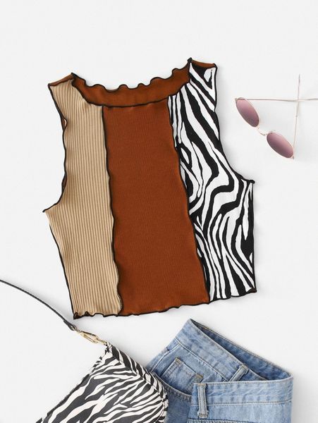 

zebra stripe colorblock lettuce trim tank c3d4#, White