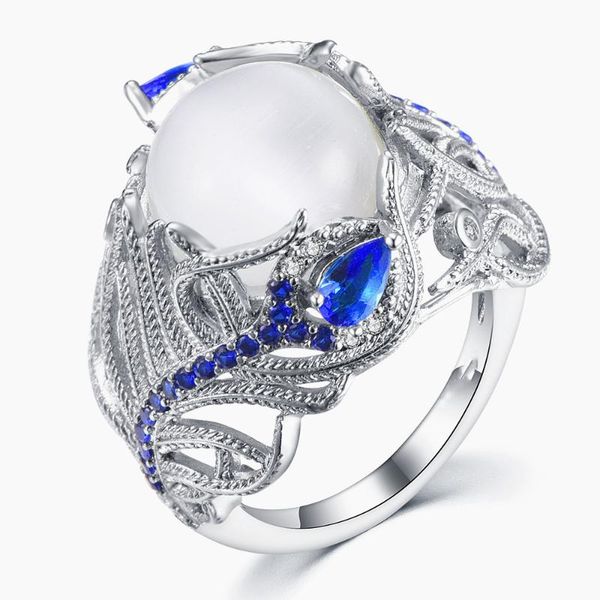 

cluster rings fashion moonstone cat's eye sapphire gemstones zircon diamonds for women luxury white gold silver color jewelry bijoux, Golden;silver