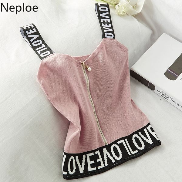 

neploe letter print knitted camis women summer 2021 v neck sleeveless tanks spring 2021 zipper short female 49755 210308, Black