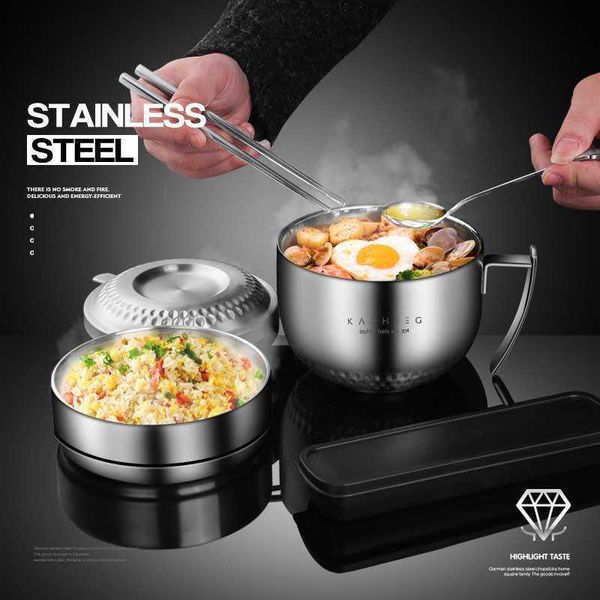 

instant noodle bowl 304 stainless steel with cover student dormitory uses office workers' household large fast food to play rice bowls