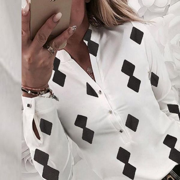 

blouse women plus size s xl blouses woman 2021 blusa fashion casual geometric print long sleeve button polyester z4, White