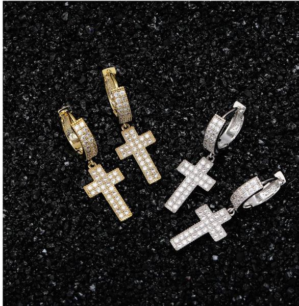 

fashion designer cross eardrop 18k gold plated bling cross hoop earring mens womens hip hop earrings iced out diamond jewelry, Golden