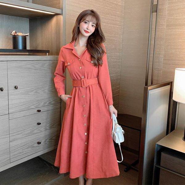 

casual dresses autumn winter french retro elegant orange corduroy dress temperament waist slimming, Black;gray