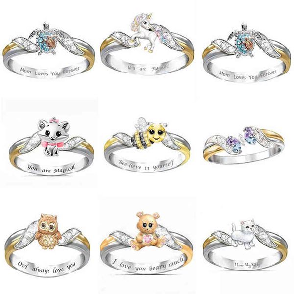 

2022 new cute unicorn animal ring girl fashion cartoon cat zircon jewelry banquet accessories, Silver