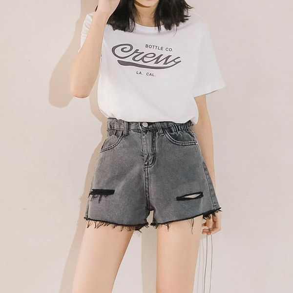 

women's jeans summer 2021 hole shorts loose high waist was thin straight pants casual women chic denim style, Blue