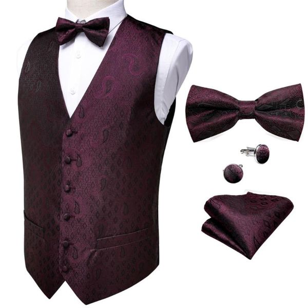 

men's vests party wedding bowtie wine red silk vest pocket square cufflinks set barry.wang classic paisley waistcoat suit dibangu, Black;white