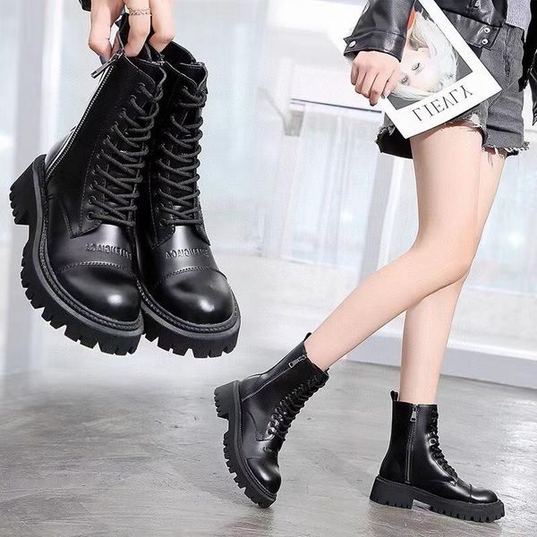 

boots tube knights' leather boots, medium fashion thick soled and women's, Black