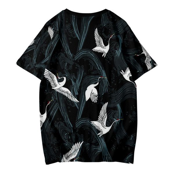 

white crane blue print men's fashion t-shirt summer loose short-sleeved t-shirt men's casual street style mesh sports t-shirt, White;black