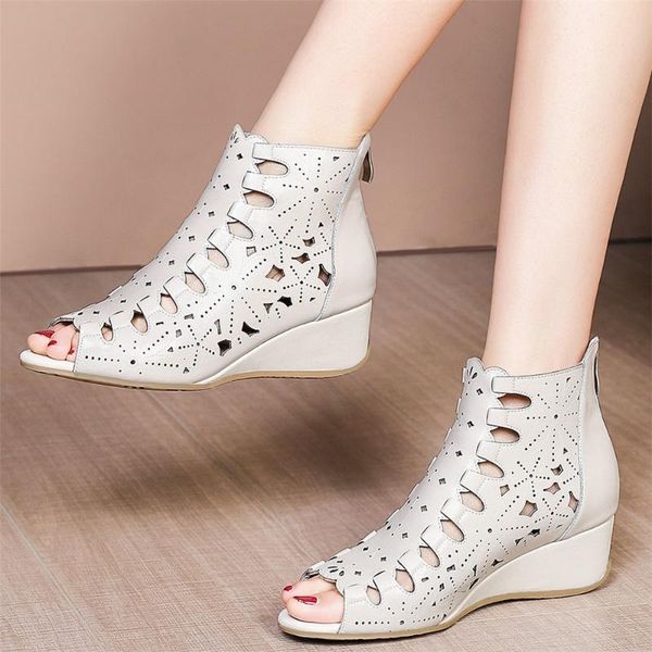 

sandals women genuine leather wedges high heel gladiator female summer open toe party platform pumps shoe casual shoes, Black