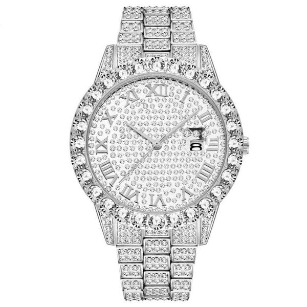 

wristwatches 2021 tacto men watches silver analog big diamond bezel datejust quartz iced out watch waterproof, Slivery;brown
