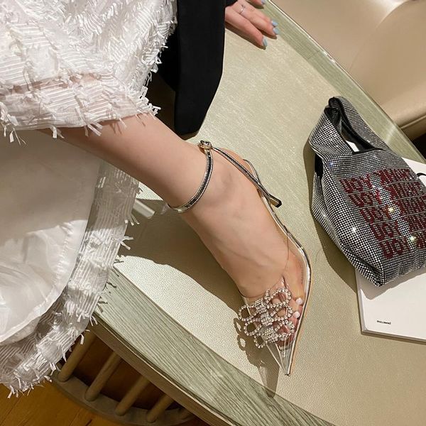 

2021 summer women chic transperant crystal clear sandals designer pvc closed toe pointed party wedding shoes, Black